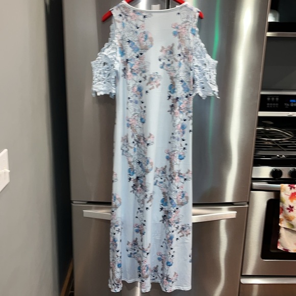 BLUE Japanese pink plants COLD open SHOULDER V neck coquette MAXI DRESS Asian M - Picture 6 of 16